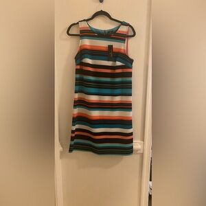 Worthington Striped Sleeveless Shift Dress in Teal, Coral, Black & White